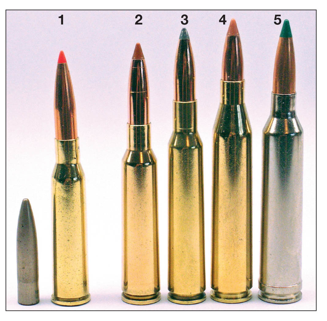 Traditional 6.5mm cartridges include the (1) 6.5x50 Japanese, (2) 6.5x55 Swedish, (3) .256 Newton, (4) 6.5x68 Schüler and the (5) .264 Winchester Magnum.